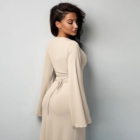 ZGMYC Women's Scoop Neck Lace Up Ribbed Maxi Dress Knit Flare Sleeve Bodycon Dress Loose Casual Long Dresses in Kuwait