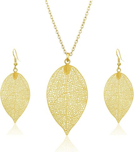 Filigree Leaf Pendant Necklace Earrings Set for Women Delicate Simple Gold Silver Tone Long Leaves Dangle Drop Statement Fashion Gorgeous Hollow Leaf Chain Necklace Mother's Day Birthday Jewelry Gifts in Saudi Arabia