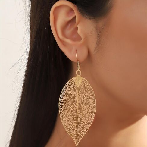 Filigree Leaf Pendant Necklace Earrings Set for Women Delicate Simple Gold Silver Tone Long Leaves Dangle Drop Statement Fashion Gorgeous Hollow Leaf Chain Necklace Mother's Day Birthday Jewelry Gifts in Saudi Arabia