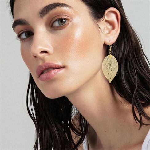 Filigree Leaf Pendant Necklace Earrings Set for Women Delicate Simple Gold Silver Tone Long Leaves Dangle Drop Statement Fashion Gorgeous Hollow Leaf Chain Necklace Mother's Day Birthday Jewelry Gifts in Saudi Arabia