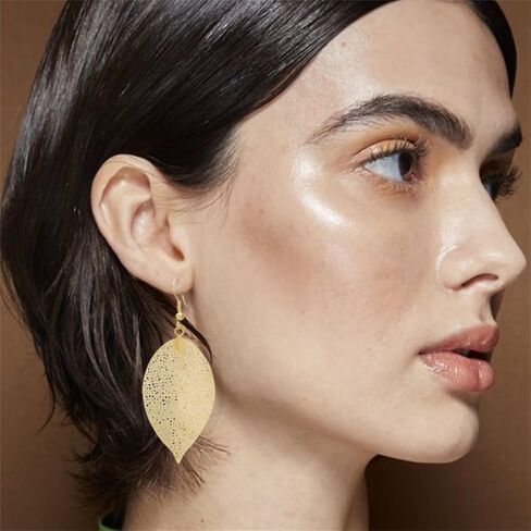 Filigree Leaf Pendant Necklace Earrings Set for Women Delicate Simple Gold Silver Tone Long Leaves Dangle Drop Statement Fashion Gorgeous Hollow Leaf Chain Necklace Mother's Day Birthday Jewelry Gifts in Saudi Arabia