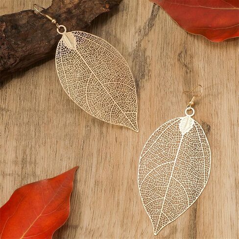Filigree Leaf Pendant Necklace Earrings Set for Women Delicate Simple Gold Silver Tone Long Leaves Dangle Drop Statement Fashion Gorgeous Hollow Leaf Chain Necklace Mother's Day Birthday Jewelry Gifts in Saudi Arabia