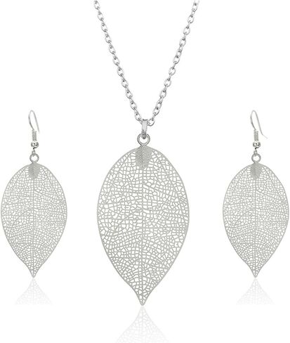 Filigree Leaf Pendant Necklace Earrings Set for Women Delicate Simple Gold Silver Tone Long Leaves Dangle Drop Statement Fashion Gorgeous Hollow Leaf Chain Necklace Mother's Day Birthday Jewelry Gifts in Saudi Arabia