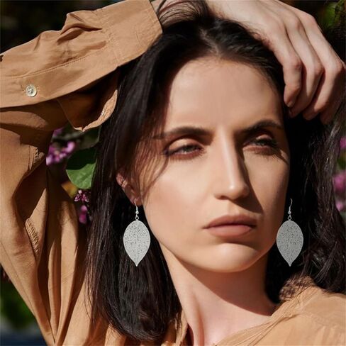 Filigree Leaf Pendant Necklace Earrings Set for Women Delicate Simple Gold Silver Tone Long Leaves Dangle Drop Statement Fashion Gorgeous Hollow Leaf Chain Necklace Mother's Day Birthday Jewelry Gifts in Saudi Arabia