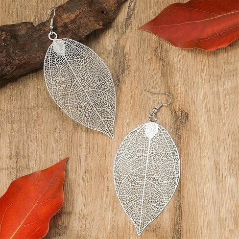 Filigree Leaf Pendant Necklace Earrings Set for Women Delicate Simple Gold Silver Tone Long Leaves Dangle Drop Statement Fashion Gorgeous Hollow Leaf Chain Necklace Mother's Day Birthday Jewelry Gifts in Saudi Arabia