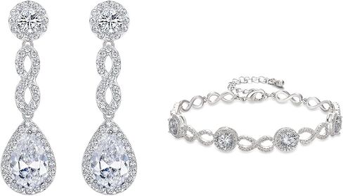 EVER FAITH Women's Cubic Zirconia 8 Shape Infinity Bridal Pierced Teardrop Dangle Earrings Adjustable Link Bracelet Set Clear Silver-Tone in Saudi Arabia