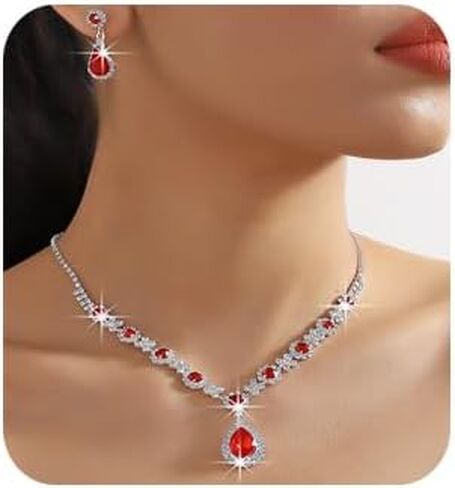 Bridal Crystal Rhinestone Necklace Earring Set Teardrop Pendant Necklace Earrings Set Bohemian Crystal Rhinestone Dangle Necklace Earrings Set for Wedding for Brides Bridesmaid in Kuwait