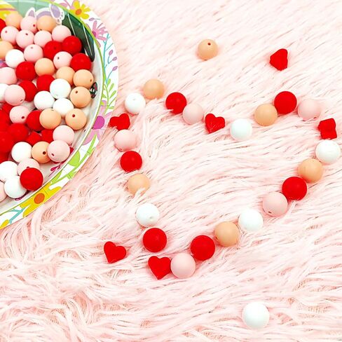 مجموعة 100 قطعة من خرز السيليكون لعيد الحب، 20 خرز سيليكون فضفاض على شكل قلب أحمر وخرز دائري أبيض وأحمر وردي لعيد الحب وحفلات الزفاف وقلادة سوار يدوية الصنع لصنع الديكور in Saudi Arabia