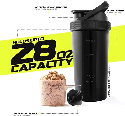Shaker Bottle 1 Pack - 28 Ounce Plastic Protein Shaker Bottle for Pre & Post workout with Twist & Lock Protein Box Storage (Black) in Saudi Arabia