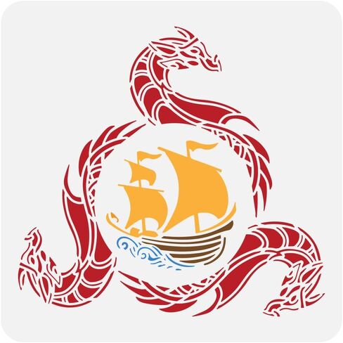 FINGERINSPIRE Viking Dragon Painting Stencil 11.8x11.8 بوصة استنسل السفينة الشراعية للرسم القابل لإعادة الاستخدام موضوع الفايكنج الزخارف البلاستيكية استنسل للرسم على الحائط الخشب والأثاث ديكور المنزل DIY in Saudi Arabia