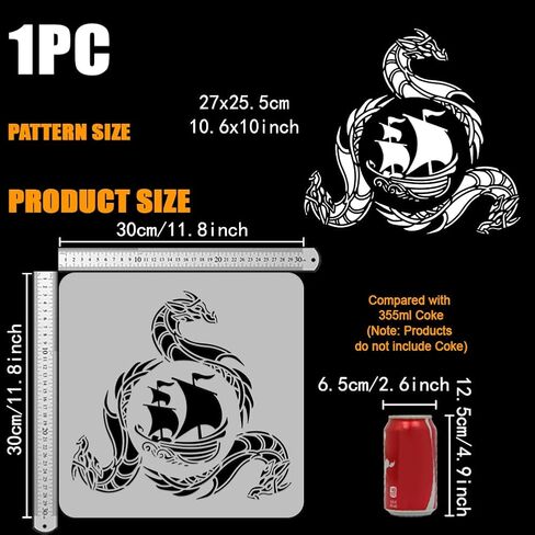 FINGERINSPIRE Viking Dragon Painting Stencil 11.8x11.8 بوصة استنسل السفينة الشراعية للرسم القابل لإعادة الاستخدام موضوع الفايكنج الزخارف البلاستيكية استنسل للرسم على الحائط الخشب والأثاث ديكور المنزل DIY in Saudi Arabia