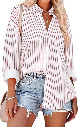 HOTOUCH Button Down Striped Shirts for Women Boyfriend Drop Shoulder Blouse Long Sleeve Oversized Shirt with Pocket in Saudi Arabia