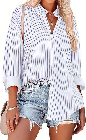 HOTOUCH Button Down Striped Shirts for Women Boyfriend Drop Shoulder Blouse Long Sleeve Oversized Shirt with Pocket in Saudi Arabia
