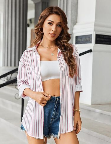HOTOUCH Button Down Striped Shirts for Women Boyfriend Drop Shoulder Blouse Long Sleeve Oversized Shirt with Pocket in Saudi Arabia