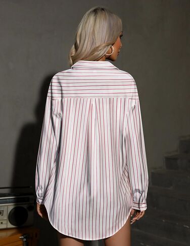 HOTOUCH Button Down Striped Shirts for Women Boyfriend Drop Shoulder Blouse Long Sleeve Oversized Shirt with Pocket in Saudi Arabia
