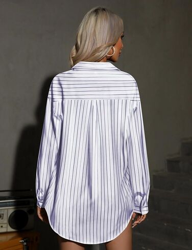 HOTOUCH Button Down Striped Shirts for Women Boyfriend Drop Shoulder Blouse Long Sleeve Oversized Shirt with Pocket in Saudi Arabia