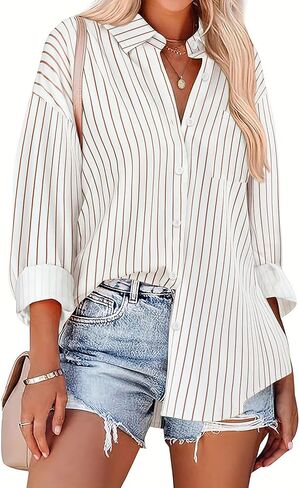 HOTOUCH Button Down Striped Shirts for Women Boyfriend Drop Shoulder Blouse Long Sleeve Oversized Shirt with Pocket in Saudi Arabia