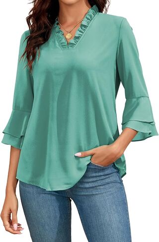 Famulily Womens Tops Casual 3/4 Bell Sleeve Blouses Ruffled V Neck Chiffon Double Layered Work Tunic Shirts in Saudi Arabia