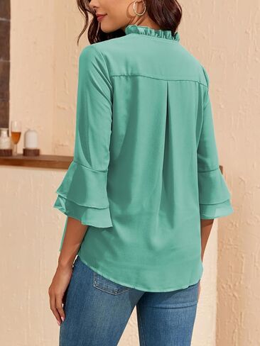 Famulily Womens Tops Casual 3/4 Bell Sleeve Blouses Ruffled V Neck Chiffon Double Layered Work Tunic Shirts in Saudi Arabia