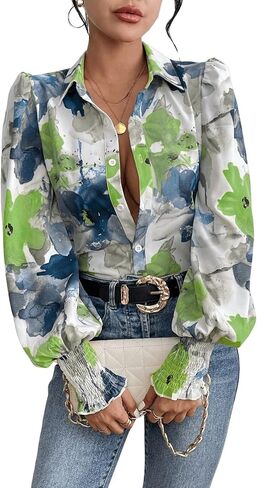 Floerns Women's Floral Print Button Front Lantern Long Sleeve Blouse Shirt in Saudi Arabia