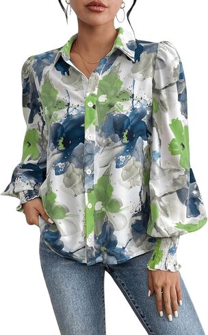 Floerns Women's Floral Print Button Front Lantern Long Sleeve Blouse Shirt in Saudi Arabia