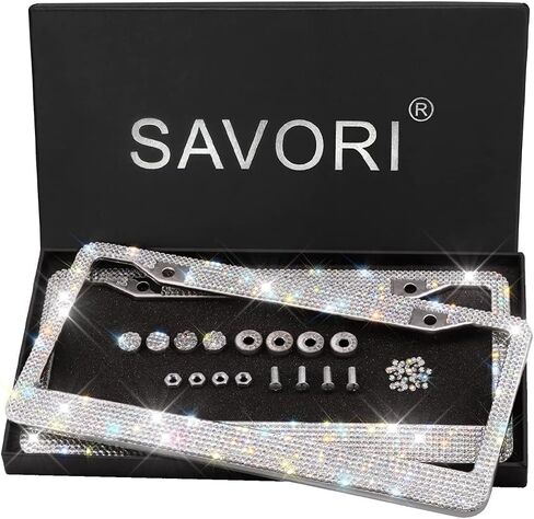 SAVORI License Plate Frame, Luxury Handcrafted Bling White Rhinestone Crystal Car License Plate Frame with 4 Anti- Theft Screw Caps in Saudi Arabia