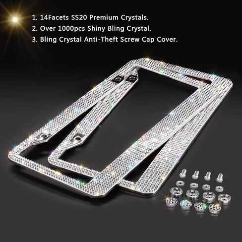 SAVORI License Plate Frame, Luxury Handcrafted Bling White Rhinestone Crystal Car License Plate Frame with 4 Anti- Theft Screw Caps in Saudi Arabia