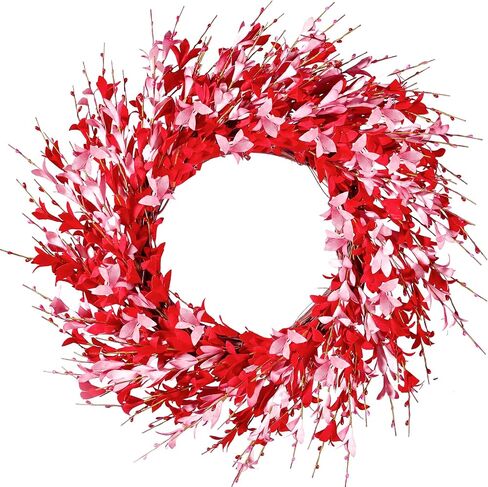 Sggvecsy 20in Valentine's Day Wreath Artificial Pink Forsythia Wreath Spring Summer Fake Foam Flower Handmade Wreath with Pink Red Forsythia for Gifts Festival Front Door Window Wall Farmhouse Decor in Saudi Arabia