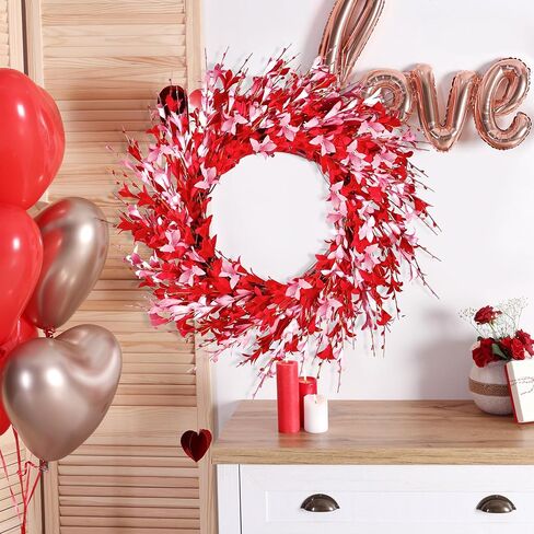Sggvecsy 20in Valentine's Day Wreath Artificial Pink Forsythia Wreath Spring Summer Fake Foam Flower Handmade Wreath with Pink Red Forsythia for Gifts Festival Front Door Window Wall Farmhouse Decor in Saudi Arabia