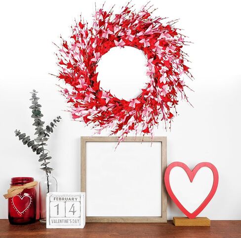 Sggvecsy 20in Valentine's Day Wreath Artificial Pink Forsythia Wreath Spring Summer Fake Foam Flower Handmade Wreath with Pink Red Forsythia for Gifts Festival Front Door Window Wall Farmhouse Decor in Saudi Arabia