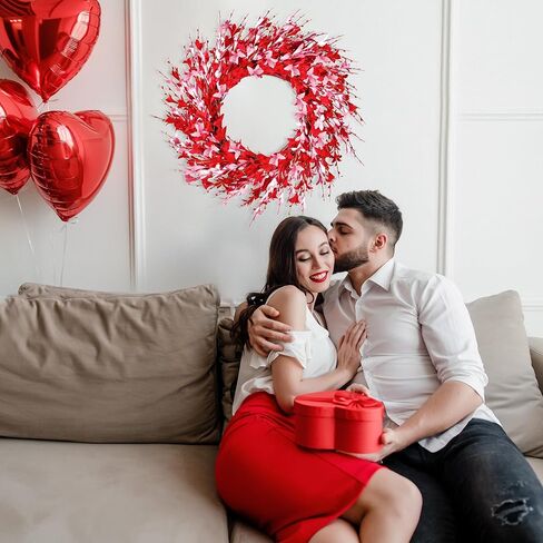 Sggvecsy 20in Valentine's Day Wreath Artificial Pink Forsythia Wreath Spring Summer Fake Foam Flower Handmade Wreath with Pink Red Forsythia for Gifts Festival Front Door Window Wall Farmhouse Decor in Saudi Arabia