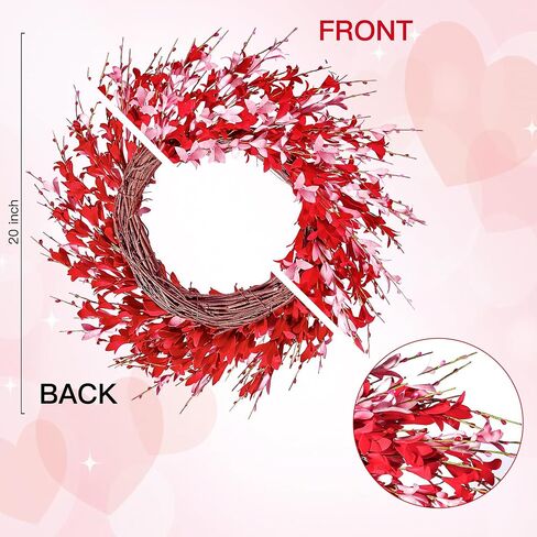 Sggvecsy 20in Valentine's Day Wreath Artificial Pink Forsythia Wreath Spring Summer Fake Foam Flower Handmade Wreath with Pink Red Forsythia for Gifts Festival Front Door Window Wall Farmhouse Decor in Saudi Arabia