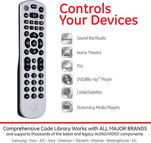 GE Universal Remote Control for Samsung, Vizio, LG, Sony, Sharp, Roku, Apple TV, RCA, Panasonic, Smart TVs, Streaming Players, Blu-ray, DVD, 3-Device, Black, 34456 in Saudi Arabia