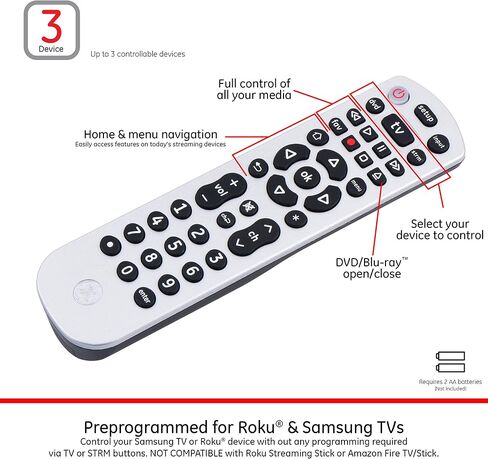 GE Universal Remote Control for Samsung, Vizio, LG, Sony, Sharp, Roku, Apple TV, RCA, Panasonic, Smart TVs, Streaming Players, Blu-ray, DVD, 3-Device, Black, 34456 in Saudi Arabia