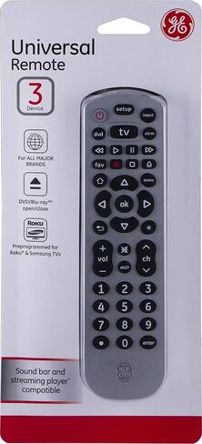 GE Universal Remote Control for Samsung, Vizio, LG, Sony, Sharp, Roku, Apple TV, RCA, Panasonic, Smart TVs, Streaming Players, Blu-ray, DVD, 3-Device, Black, 34456 in Saudi Arabia