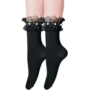 2 Pairs Women Ankle Socks Lace Ruffle Frilly Pearl Soft Cotton Princess Girls socks for Lolita