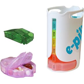e-Pill Tower Pro - 4 Times a Day x 7 Day Weekly Pill Organizer, Vitamin and Medicine Pill Box - Stackable Pillbox Holder and Pill Cutter