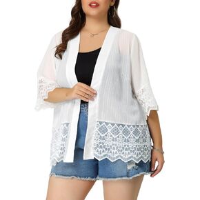 Agnes Orinda Women's 2024 Summer Lace Shrug Plus Size 1/2 Sleeve Bohemian Bikini Cover Lace Kimono Cardigan