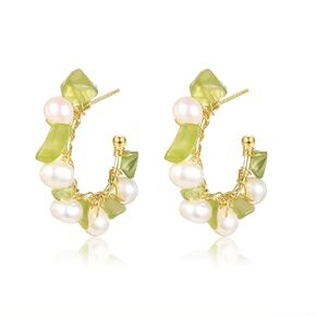 Pearl Earrings for Women - Green Peridot & Freshwater Pearl - Pearl Hoop Earrings - 14K Gold Plated Lightweight Pearl Ear Jewelry Wedding Eardrop Valentine Birthday Gift for Her