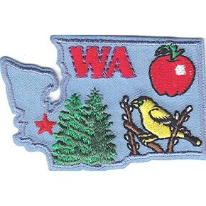 "WA" WASHINGTON STATE SHAPE PATCH-Iron On Embroidered Applique/Apples, Trees