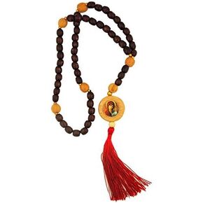 Our Lady of Kazan and Christ The Teacher Byzantine Icon on Prayer Rope Catholic Rosary Wooden Beads 18 Inch from Ukraine - 2 Sided