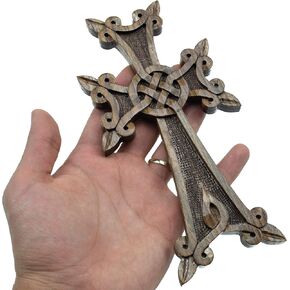 Handmade Wall cross with ornaments from Armenian walnut wood (dark brown)