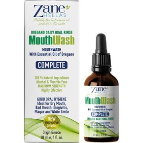 Zane Hellas MouthWash. Oral Rinse with Oregano Oil Power. Ideal for Gingivitis, Plaque, Dry Mouth, and Bad Breath. Alcohol and Fluoride Free. 100% Herbal Solution. 1 fl.oz.-30ml.