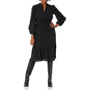 London Times Women's Midi Length Smocked Waist Split Neck Long Ruffle Sleeve Versatile Chic Polished Casual