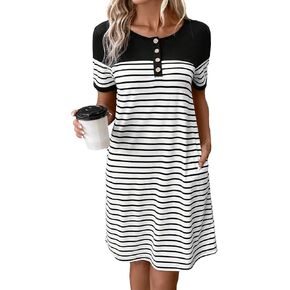 Women's Casual Summer Dresses 2024 Short Sleeve Crewneck Striped Button Front Mini Tshirt Dress with Pockets