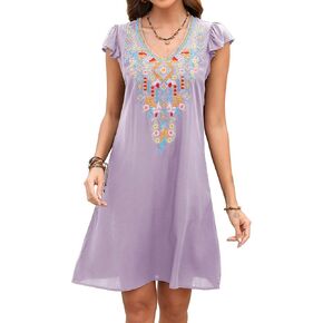 LauraKlein Mexican Embroidered Summer Dress Ruffled Sleeve Boho V Neck Mini Dress for Women 2024 Plus Size Casual Dresses in Kuwait