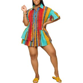 Women's Summer Boho Dress Ruffled Short Sleeve Button Down Casual Flowy Mini Shirt Dresses
