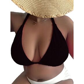 SOLY HUX Women's Plus Size Triangle Bikini Top Halter Tie Back Bathing Suit Tops Swimsuit