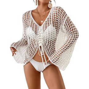 Bsubseach Women Swimsuit Crochet Swim Cover Up 2024 Summer Bathing Suits Knit Drawstring Ruched Beach Vacation Tunic Top