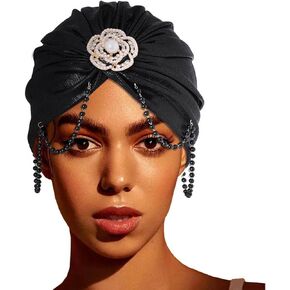 قبعة Woeoe للسيدات عمامة أفريقية سوداء بشرابة للرأس ملتفة مسبقًا باللؤلؤ المربوط بالخرز وغطاء للرأس in Kuwait